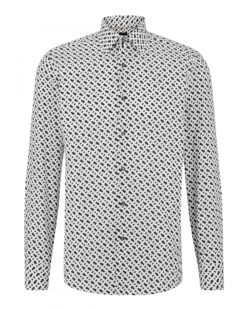 BOSS Mens H-Hank-Kent White/Navy Slim Fit Monogram Print Shirt