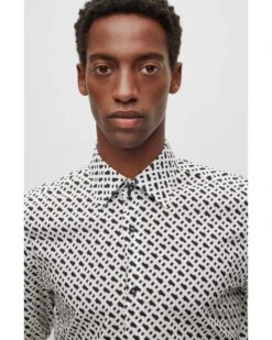 BOSS Mens H-Hank-Kent White/Navy Slim Fit Monogram Print Shirt -Boss Store boss mens h hank kent white navy slim fit monogram print shirt p42492 255693 image