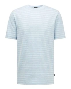 BOSS Mens Tiburt Striped Cotton/Linen T Shirt, Blue Tee