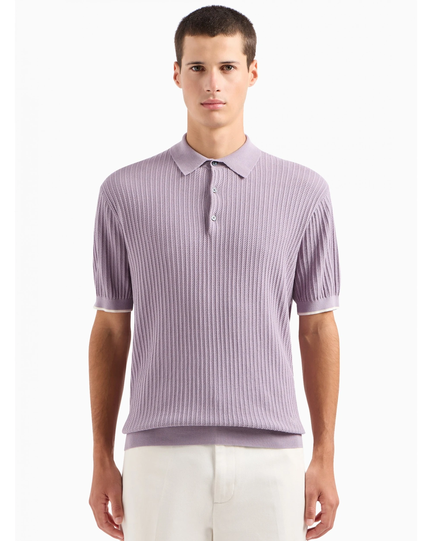 Emporio Armani Mens Knit Patterned Polo Shirt Lilac Purple 2 Emporio Armani Mens Knit Patterned Polo Shirt Lilac Purple - Image 2