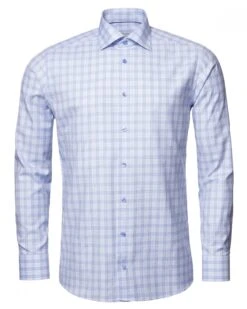 Eton Shirts Mens Light Blue Plaid Cotton Lyocell Blend Shirt