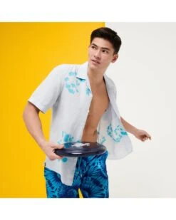 Vilebrequin Mens Charli Azure/White Snail Tie Dye Linen Bowling Shirt -Boss Store vilebrequin mens charli azure white snail tie dye linen bowling shirt p41174 239546 image