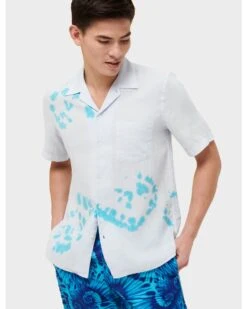 Vilebrequin Mens Charli Azure/White Snail Tie Dye Linen Bowling Shirt