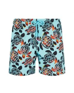 Vilebrequin Mens Screen Turtles Stretch Swim Shorts, Lagoon Blue Swimming Trunks